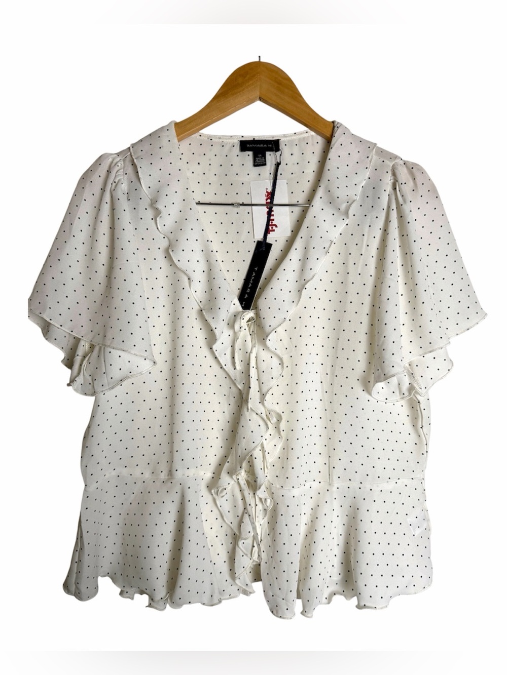 NWT Tamara H Polka Dot Ruffle Front Blouse size Large